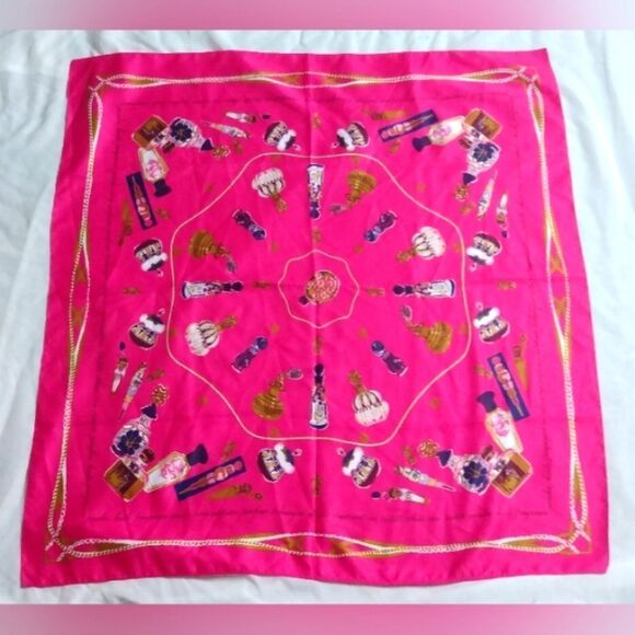 Vibrant Hot Pink Scarf with Vintage Perfume Bottles Large - Picture 13 of 13